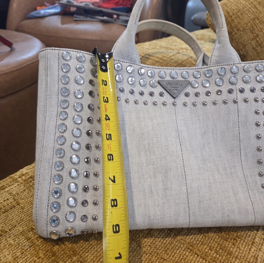 Prada Beige Studded Canapa Tote Women's Bag - Picture 11 of 13